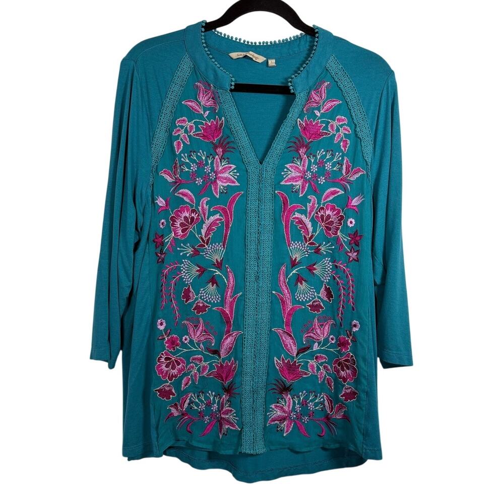 Soft Surroundings Teal Delsie Embroidered Top Lace Trim Floral Boho Tunic Large
